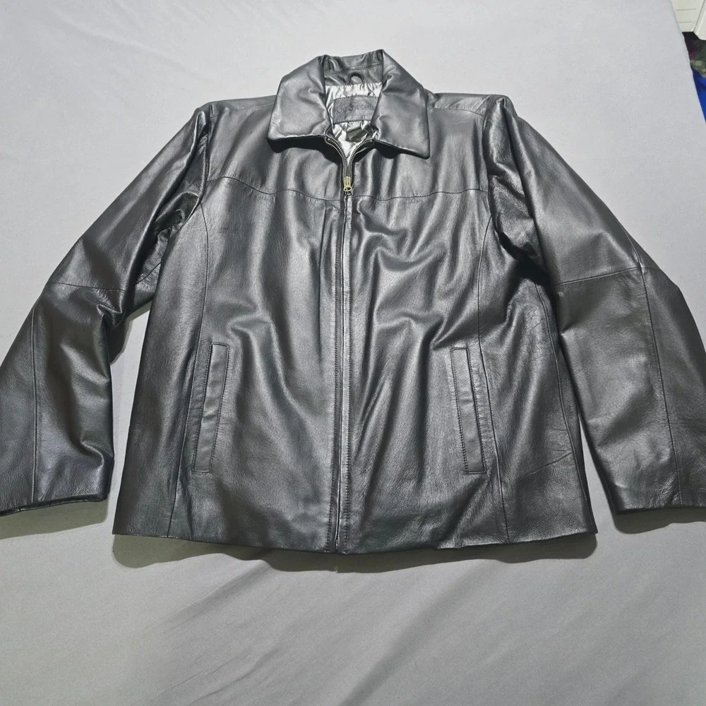 George Mens Black Leather Jacket Full Zip Quilted Lined Small 634A500 Rich Black